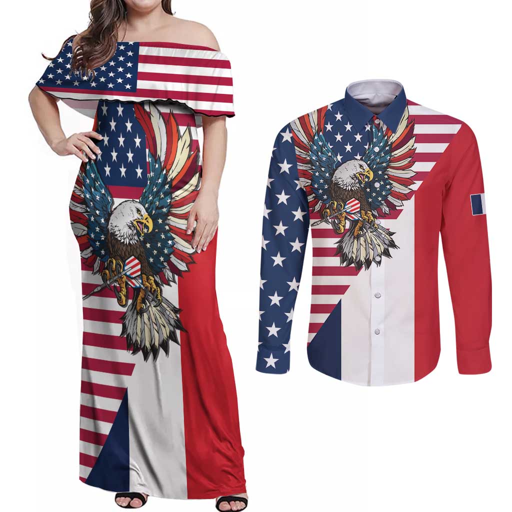 French American Heritage Month Couples Matching Off Shoulder Maxi Dress and Long Sleeve Button Shirt Flag Style with USA Eagle and Eiffel Tower