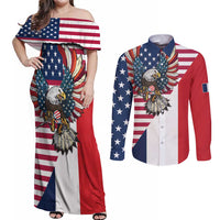 French American Heritage Month Couples Matching Off Shoulder Maxi Dress and Long Sleeve Button Shirt Flag Style with USA Eagle and Eiffel Tower