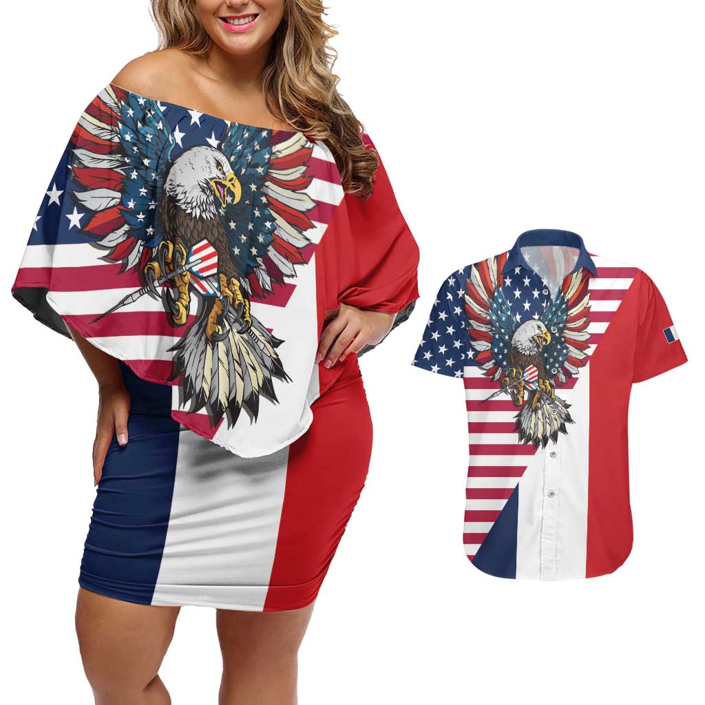 French American Heritage Month Couples Matching Off Shoulder Short Dress and Hawaiian Shirt Flag Style with USA Eagle and Eiffel Tower