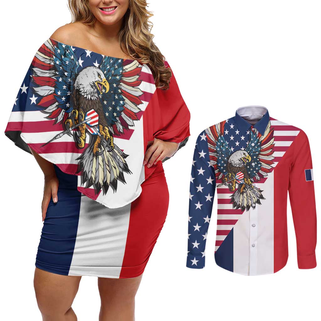 French American Heritage Month Couples Matching Off Shoulder Short Dress and Long Sleeve Button Shirt Flag Style with USA Eagle and Eiffel Tower