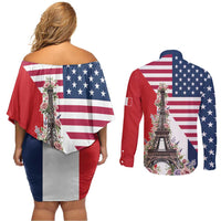 French American Heritage Month Couples Matching Off Shoulder Short Dress and Long Sleeve Button Shirt Flag Style with USA Eagle and Eiffel Tower