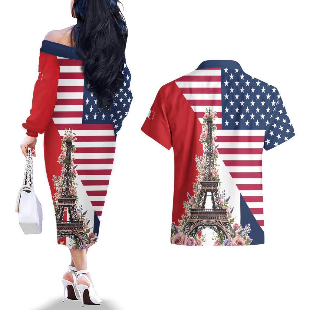 French American Heritage Month Couples Matching Off The Shoulder Long Sleeve Dress and Hawaiian Shirt Flag Style with USA Eagle and Eiffel Tower