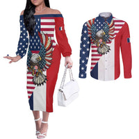 French American Heritage Month Couples Matching Off The Shoulder Long Sleeve Dress and Long Sleeve Button Shirt Flag Style with USA Eagle and Eiffel Tower