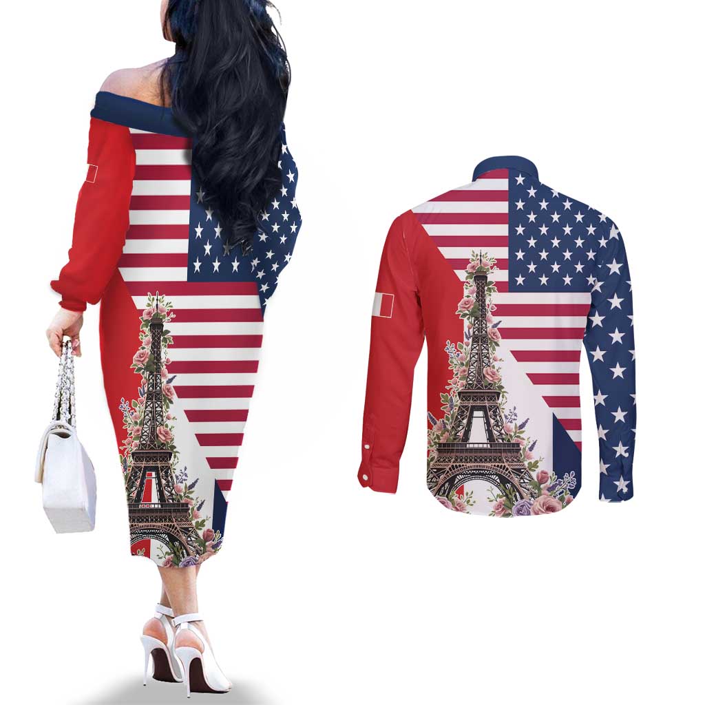 French American Heritage Month Couples Matching Off The Shoulder Long Sleeve Dress and Long Sleeve Button Shirt Flag Style with USA Eagle and Eiffel Tower