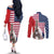 French American Heritage Month Couples Matching Off The Shoulder Long Sleeve Dress and Long Sleeve Button Shirt Flag Style with USA Eagle and Eiffel Tower