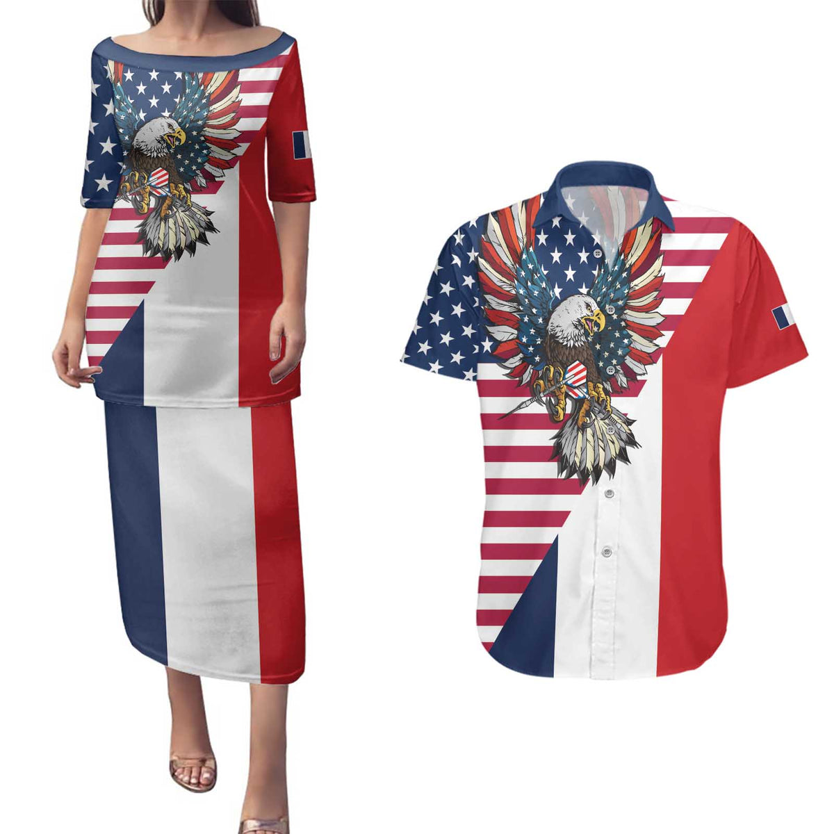 French American Heritage Month Couples Matching Puletasi and Hawaiian Shirt Flag Style with USA Eagle and Eiffel Tower