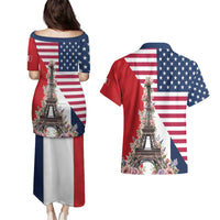 French American Heritage Month Couples Matching Puletasi and Hawaiian Shirt Flag Style with USA Eagle and Eiffel Tower