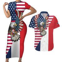 French American Heritage Month Couples Matching Short Sleeve Bodycon Dress and Hawaiian Shirt Flag Style with USA Eagle and Eiffel Tower
