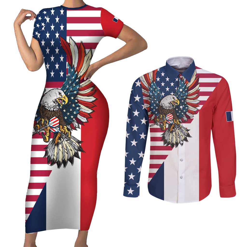 French American Heritage Month Couples Matching Short Sleeve Bodycon Dress and Long Sleeve Button Shirt Flag Style with USA Eagle and Eiffel Tower