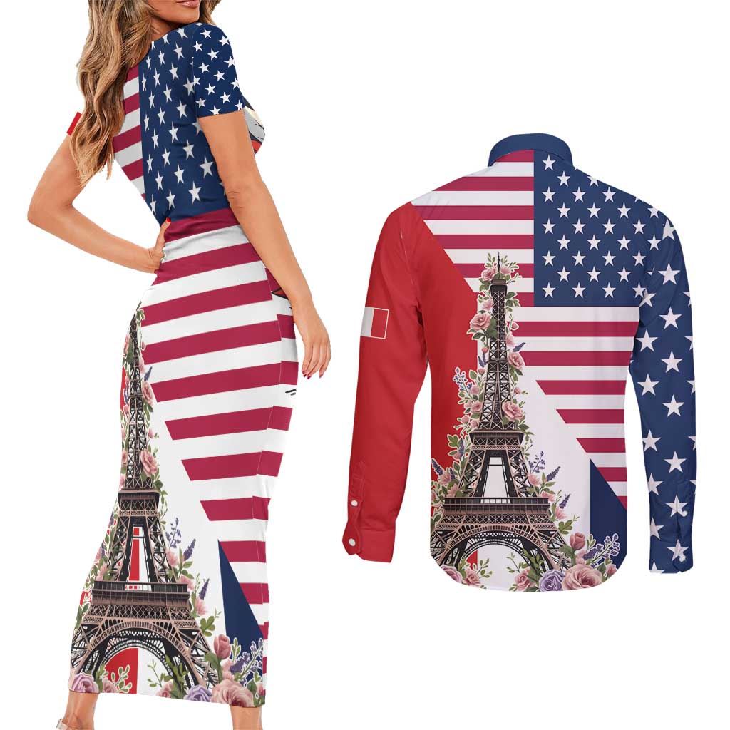French American Heritage Month Couples Matching Short Sleeve Bodycon Dress and Long Sleeve Button Shirt Flag Style with USA Eagle and Eiffel Tower