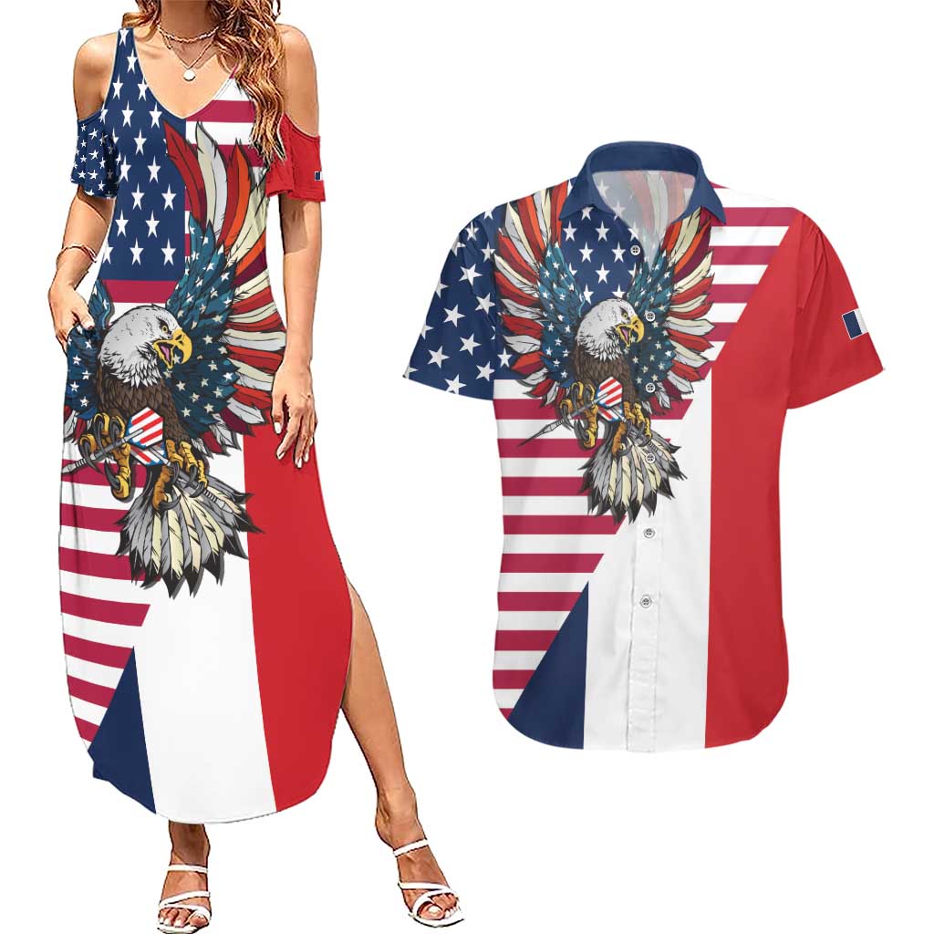 French American Heritage Month Couples Matching Summer Maxi Dress and Hawaiian Shirt Flag Style with USA Eagle and Eiffel Tower