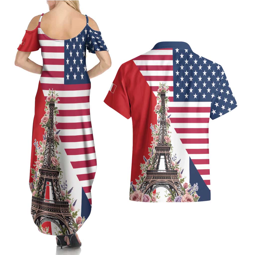 French American Heritage Month Couples Matching Summer Maxi Dress and Hawaiian Shirt Flag Style with USA Eagle and Eiffel Tower