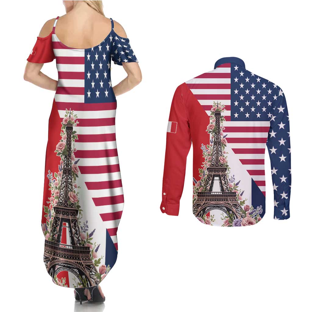 French American Heritage Month Couples Matching Summer Maxi Dress and Long Sleeve Button Shirt Flag Style with USA Eagle and Eiffel Tower