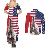French American Heritage Month Couples Matching Summer Maxi Dress and Long Sleeve Button Shirt Flag Style with USA Eagle and Eiffel Tower