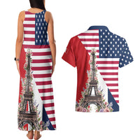 French American Heritage Month Couples Matching Tank Maxi Dress and Hawaiian Shirt Flag Style with USA Eagle and Eiffel Tower