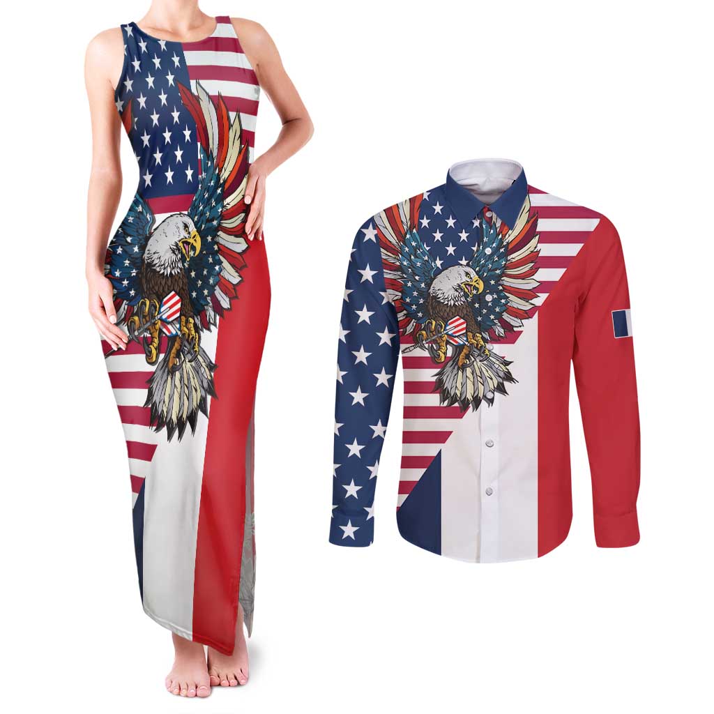 French American Heritage Month Couples Matching Tank Maxi Dress and Long Sleeve Button Shirt Flag Style with USA Eagle and Eiffel Tower