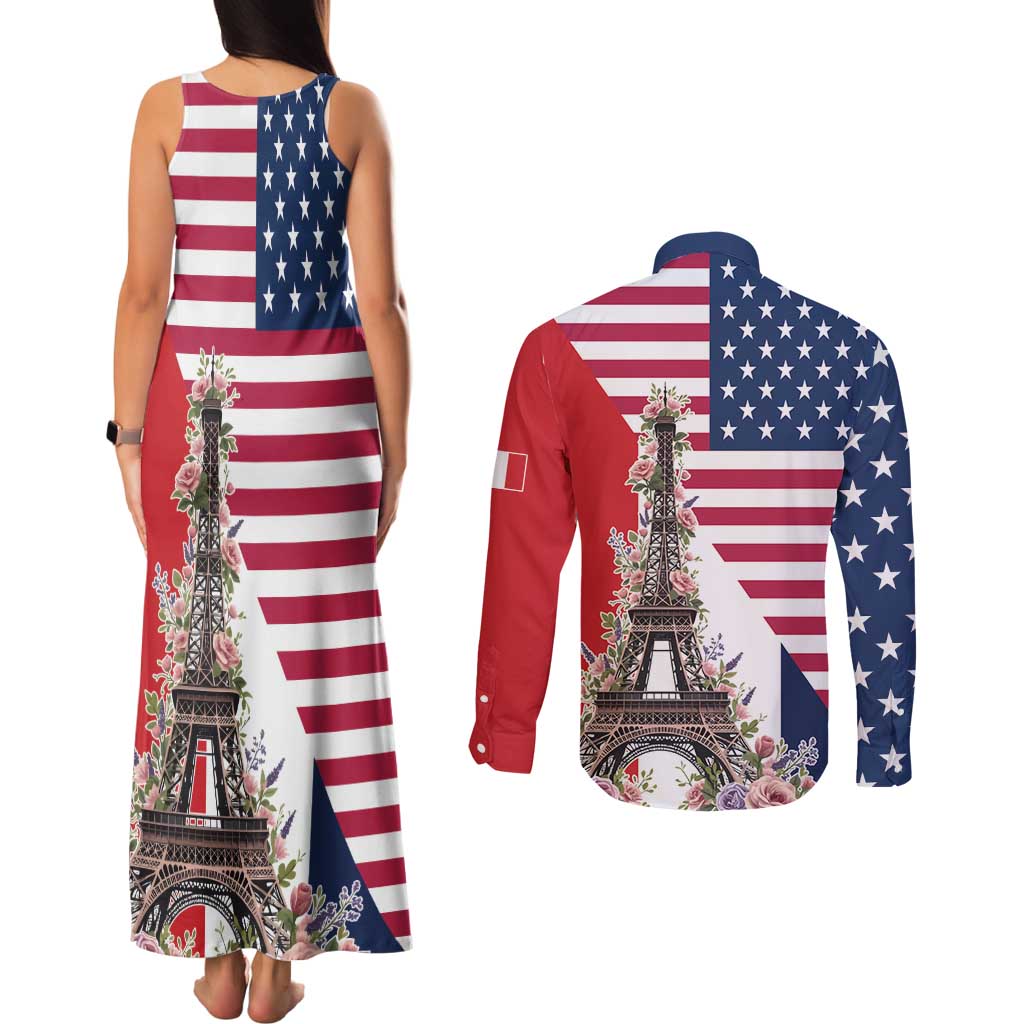 French American Heritage Month Couples Matching Tank Maxi Dress and Long Sleeve Button Shirt Flag Style with USA Eagle and Eiffel Tower
