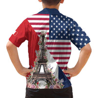 French American Heritage Month Family Matching Long Sleeve Bodycon Dress and Hawaiian Shirt Flag Style with USA Eagle and Eiffel Tower