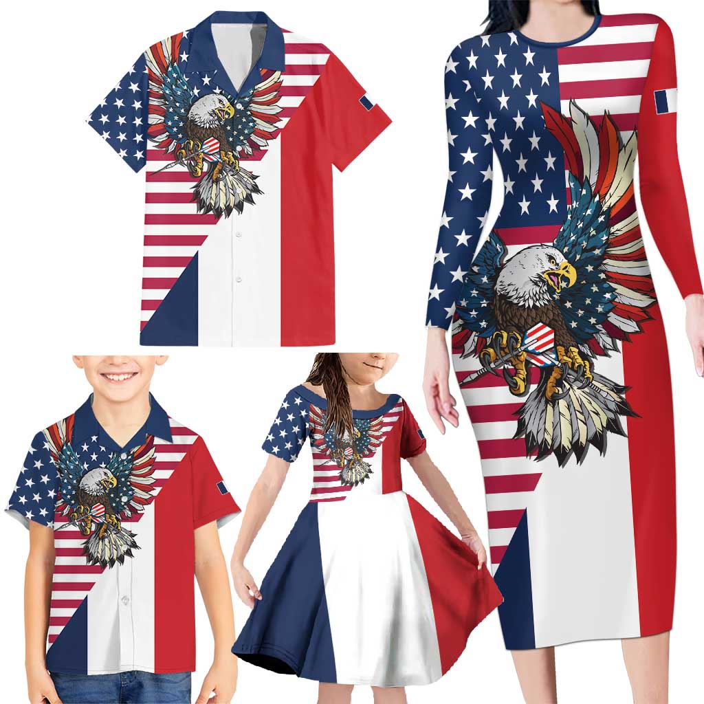 French American Heritage Month Family Matching Long Sleeve Bodycon Dress and Hawaiian Shirt Flag Style with USA Eagle and Eiffel Tower