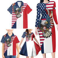 French American Heritage Month Family Matching Long Sleeve Bodycon Dress and Hawaiian Shirt Flag Style with USA Eagle and Eiffel Tower