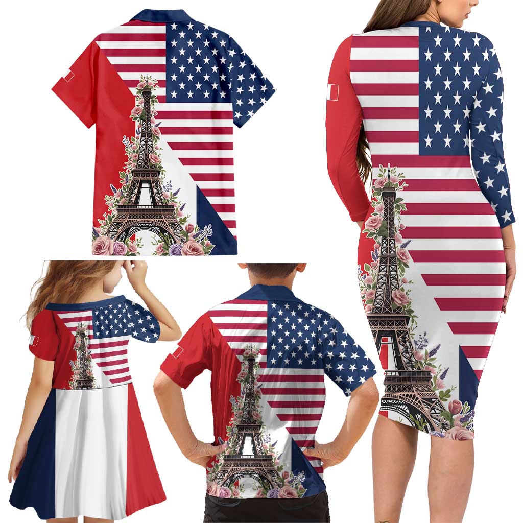 French American Heritage Month Family Matching Long Sleeve Bodycon Dress and Hawaiian Shirt Flag Style with USA Eagle and Eiffel Tower