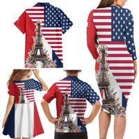 French American Heritage Month Family Matching Long Sleeve Bodycon Dress and Hawaiian Shirt Flag Style with USA Eagle and Eiffel Tower