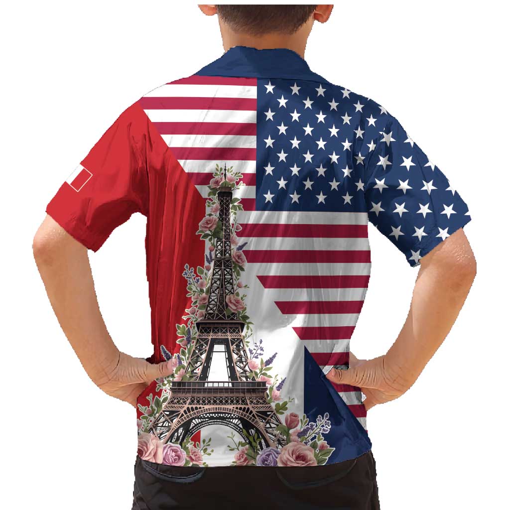 French American Heritage Month Family Matching Mermaid Dress and Hawaiian Shirt Flag Style with USA Eagle and Eiffel Tower