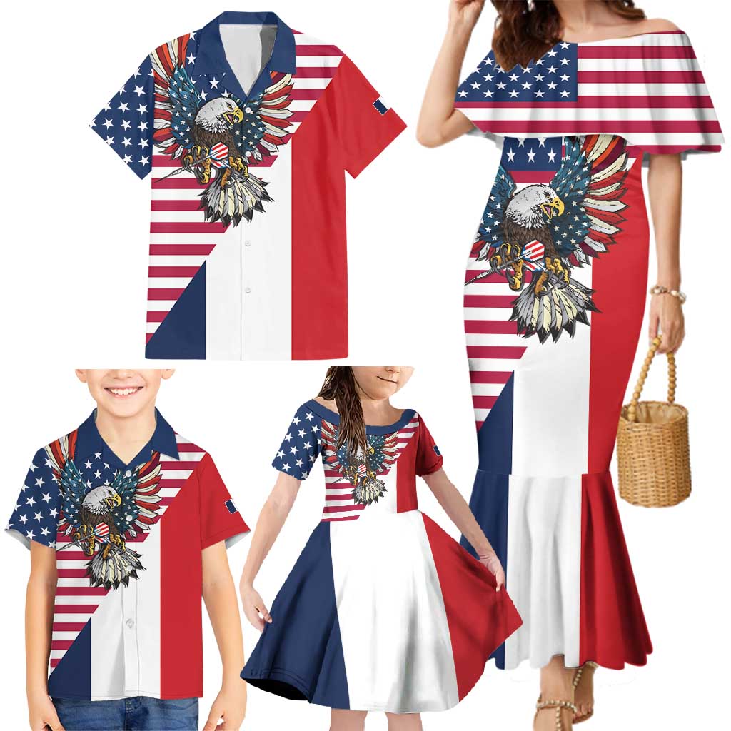 French American Heritage Month Family Matching Mermaid Dress and Hawaiian Shirt Flag Style with USA Eagle and Eiffel Tower