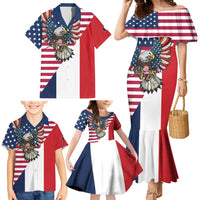 French American Heritage Month Family Matching Mermaid Dress and Hawaiian Shirt Flag Style with USA Eagle and Eiffel Tower