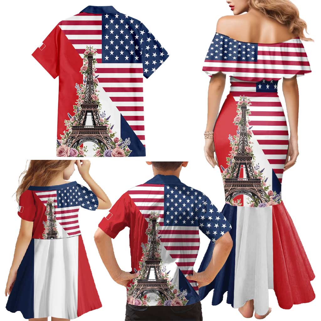 French American Heritage Month Family Matching Mermaid Dress and Hawaiian Shirt Flag Style with USA Eagle and Eiffel Tower