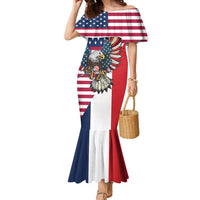 French American Heritage Month Family Matching Mermaid Dress and Hawaiian Shirt Flag Style with USA Eagle and Eiffel Tower