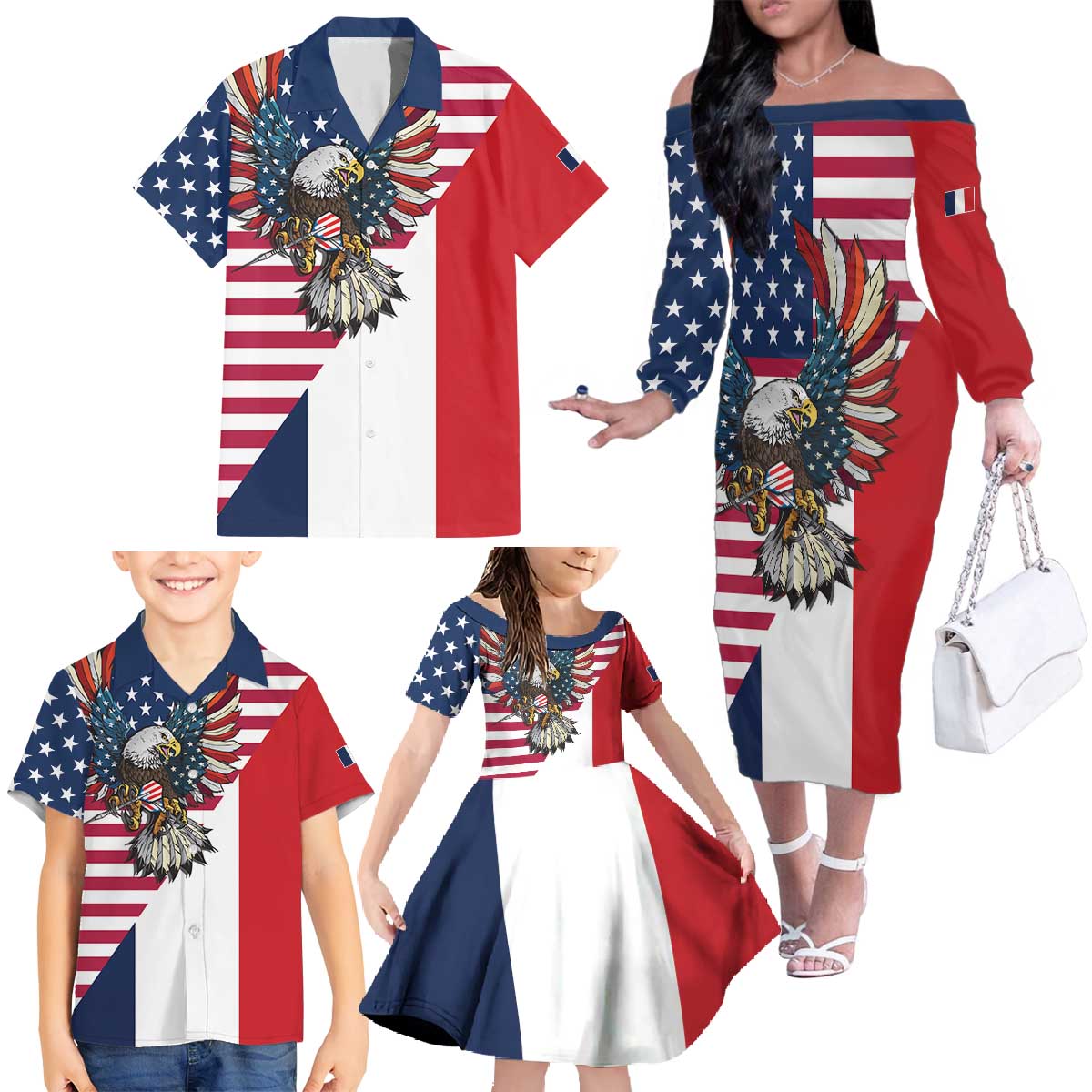 French American Heritage Month Family Matching Off The Shoulder Long Sleeve Dress and Hawaiian Shirt Flag Style with USA Eagle and Eiffel Tower