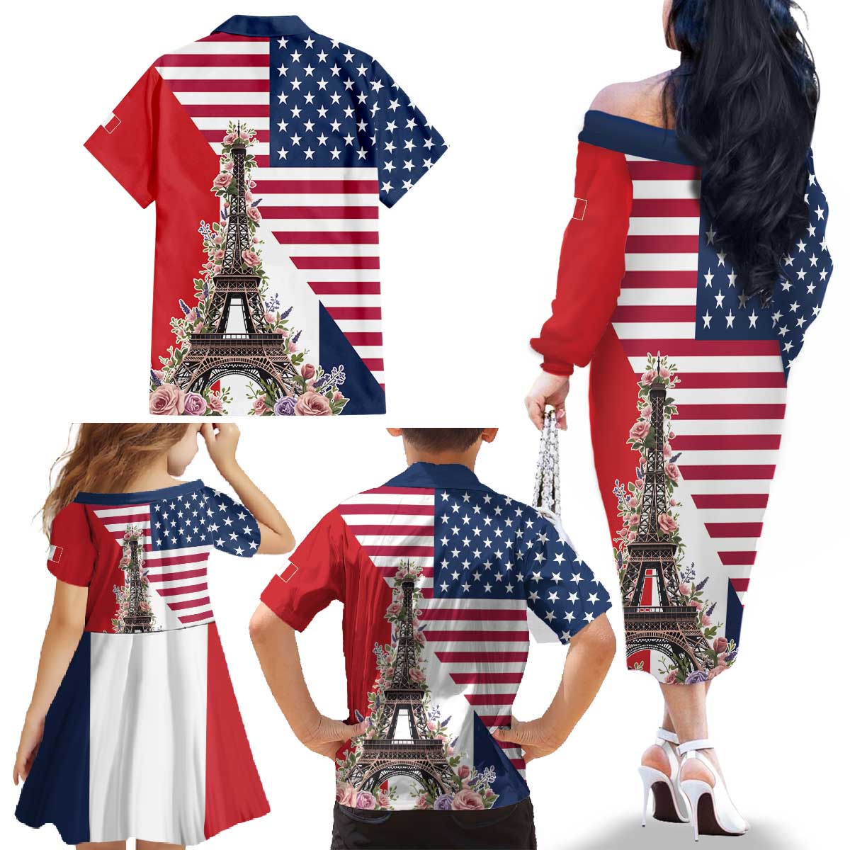 French American Heritage Month Family Matching Off The Shoulder Long Sleeve Dress and Hawaiian Shirt Flag Style with USA Eagle and Eiffel Tower