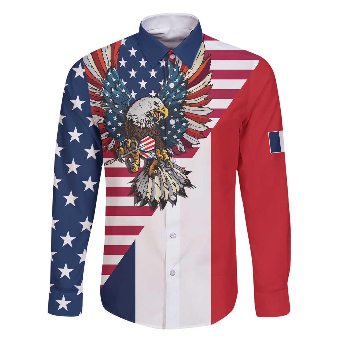 French American Heritage Month Family Matching Off The Shoulder Long Sleeve Dress and Hawaiian Shirt Flag Style with USA Eagle and Eiffel Tower