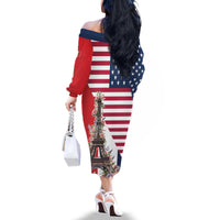 French American Heritage Month Family Matching Off The Shoulder Long Sleeve Dress and Hawaiian Shirt Flag Style with USA Eagle and Eiffel Tower