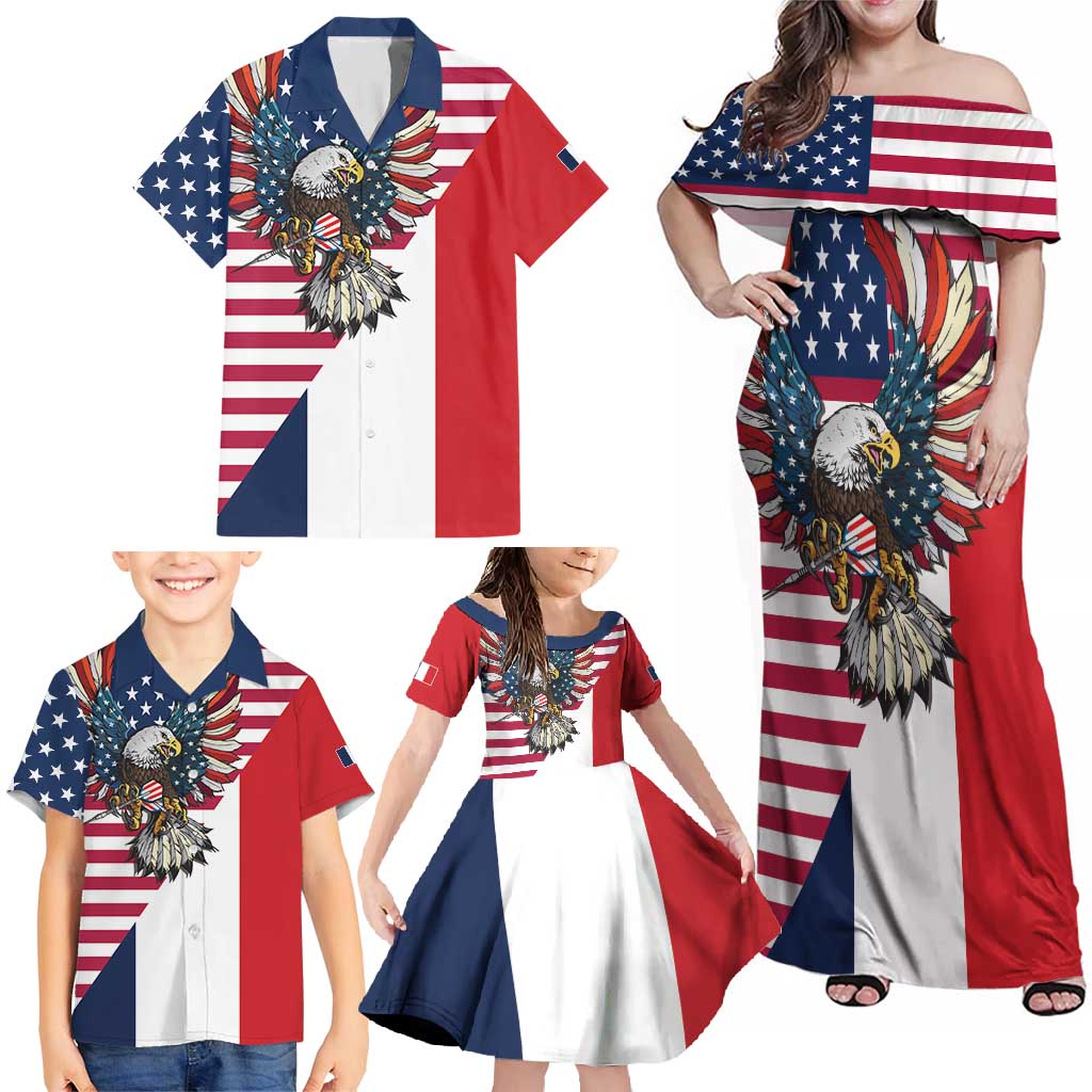 French American Heritage Month Family Matching Off Shoulder Maxi Dress and Hawaiian Shirt Flag Style with USA Eagle and Eiffel Tower