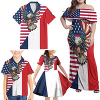 French American Heritage Month Family Matching Off Shoulder Maxi Dress and Hawaiian Shirt Flag Style with USA Eagle and Eiffel Tower