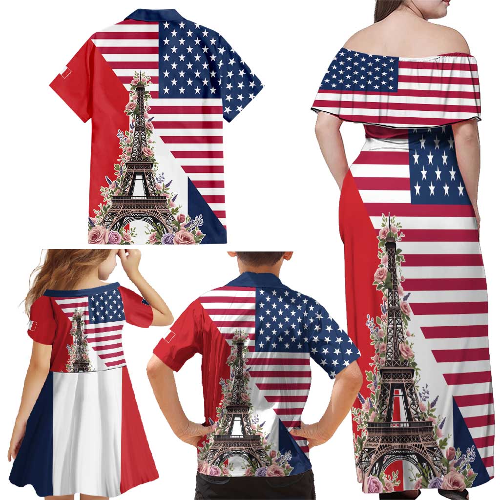 French American Heritage Month Family Matching Off Shoulder Maxi Dress and Hawaiian Shirt Flag Style with USA Eagle and Eiffel Tower
