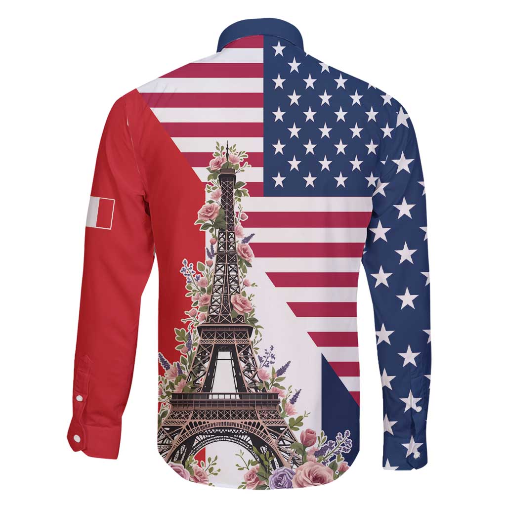 French American Heritage Month Family Matching Off Shoulder Maxi Dress and Hawaiian Shirt Flag Style with USA Eagle and Eiffel Tower