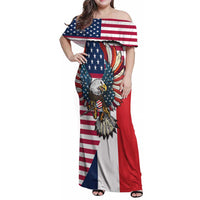 French American Heritage Month Family Matching Off Shoulder Maxi Dress and Hawaiian Shirt Flag Style with USA Eagle and Eiffel Tower