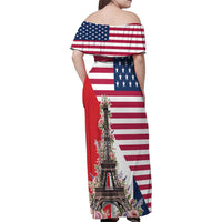 French American Heritage Month Family Matching Off Shoulder Maxi Dress and Hawaiian Shirt Flag Style with USA Eagle and Eiffel Tower
