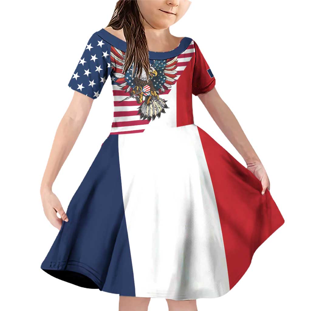 French American Heritage Month Family Matching Off Shoulder Short Dress and Hawaiian Shirt Flag Style with USA Eagle and Eiffel Tower