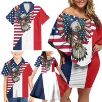 French American Heritage Month Family Matching Off Shoulder Short Dress and Hawaiian Shirt Flag Style with USA Eagle and Eiffel Tower