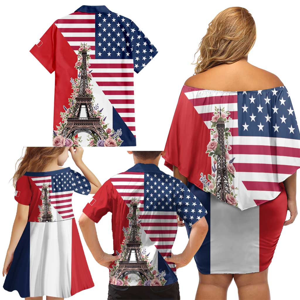 French American Heritage Month Family Matching Off Shoulder Short Dress and Hawaiian Shirt Flag Style with USA Eagle and Eiffel Tower