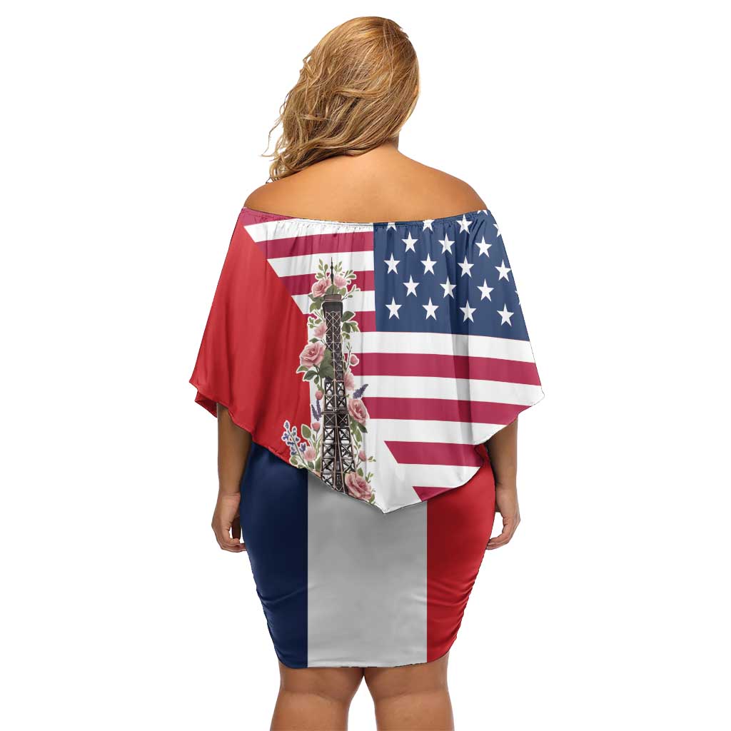 French American Heritage Month Family Matching Off Shoulder Short Dress and Hawaiian Shirt Flag Style with USA Eagle and Eiffel Tower