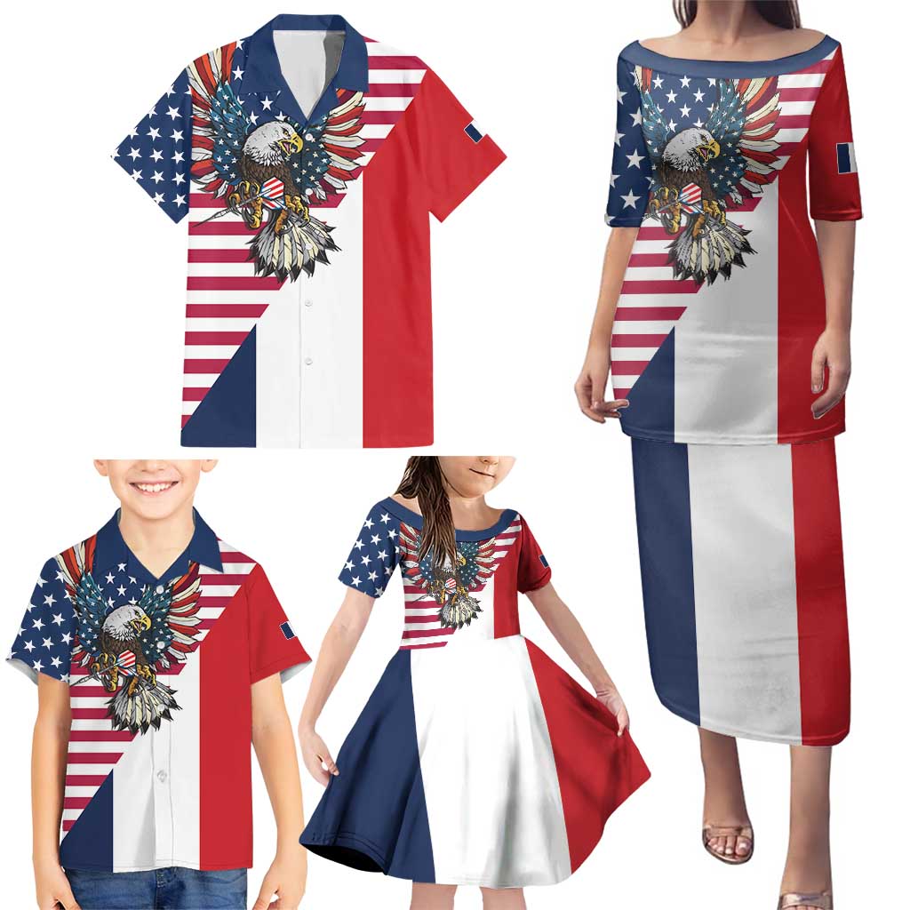 French American Heritage Month Family Matching Puletasi and Hawaiian Shirt Flag Style with USA Eagle and Eiffel Tower