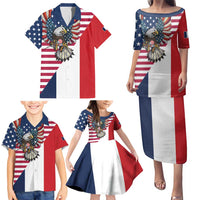 French American Heritage Month Family Matching Puletasi and Hawaiian Shirt Flag Style with USA Eagle and Eiffel Tower