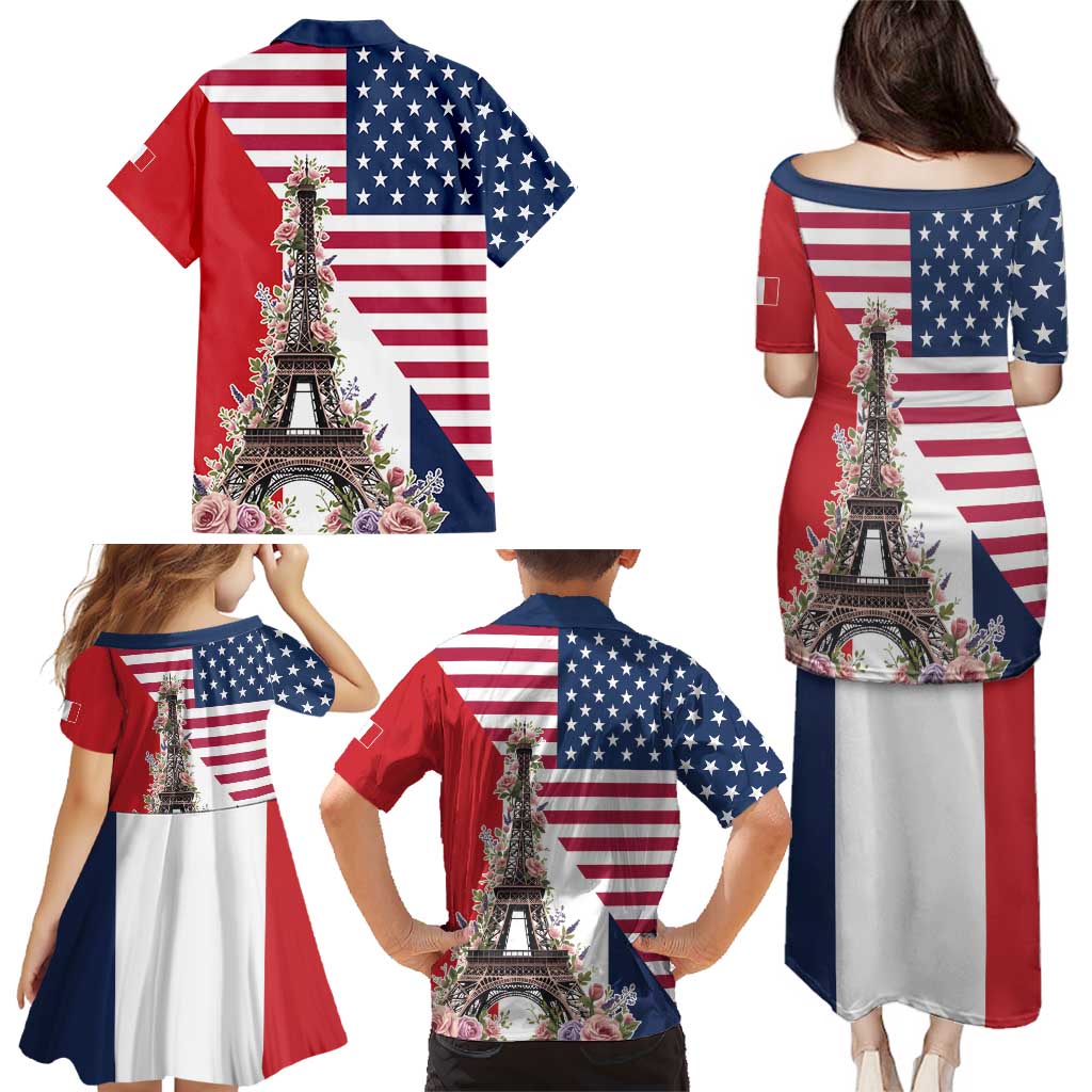 French American Heritage Month Family Matching Puletasi and Hawaiian Shirt Flag Style with USA Eagle and Eiffel Tower