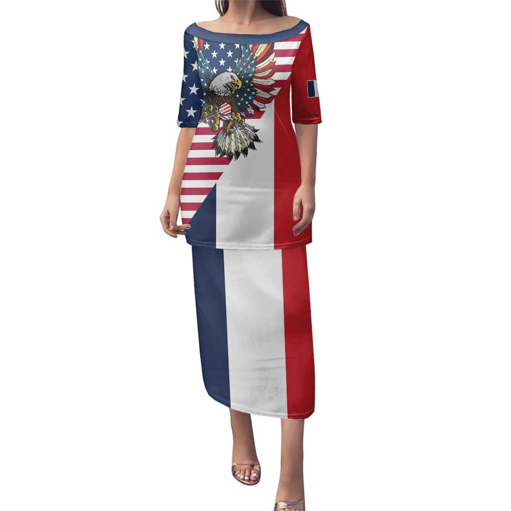 French American Heritage Month Family Matching Puletasi and Hawaiian Shirt Flag Style with USA Eagle and Eiffel Tower