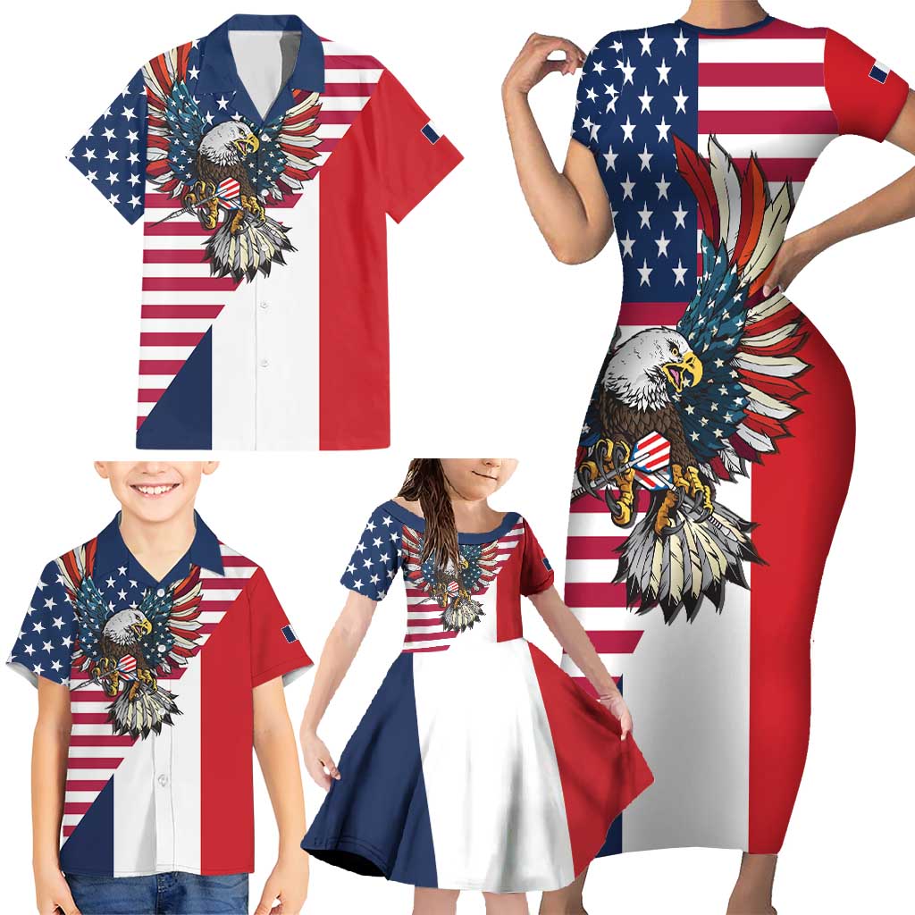 French American Heritage Month Family Matching Short Sleeve Bodycon Dress and Hawaiian Shirt Flag Style with USA Eagle and Eiffel Tower